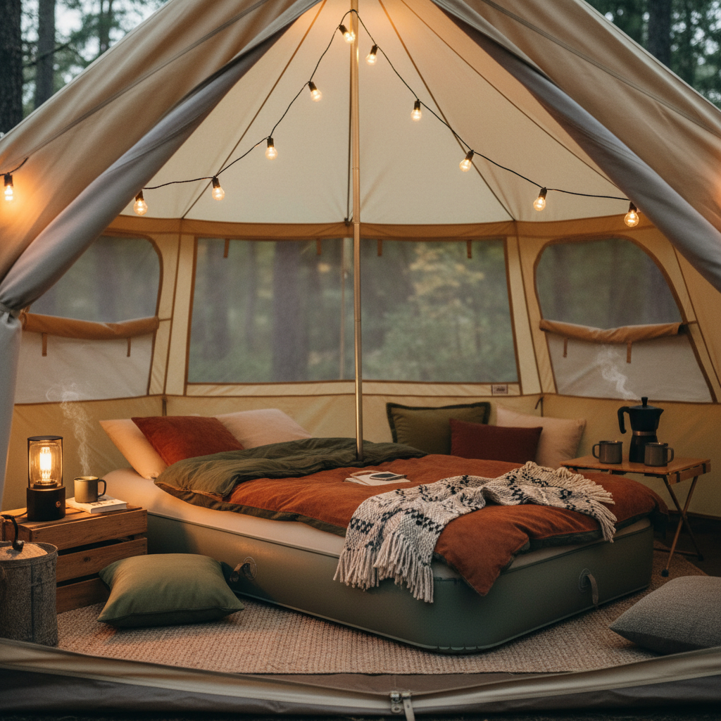 아늑한 텐트 내부를 배경으로 두툼하고 푹신한 캠핑용 에어매트가 깔려 있는 고해상도 사진. 매트 위에는 따뜻한 느낌의 침낭과 감성적인 조명이 놓여 있어 안락한 캠핑 분위기를 연출함.