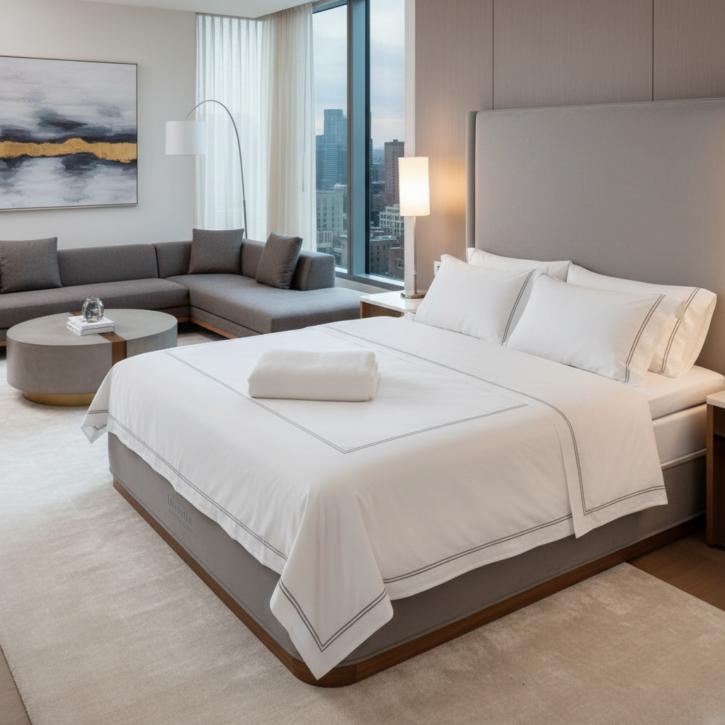 현대적인 거실 한가운데에 손님용으로 설치된 프리미엄 퀸 사이즈 에어매트의 모습. 호텔 스타일의 하얀 시트와 베개가 세팅되어 있으며 실제 침대처럼 높이가 높고 견고해 보이는 고품질 이미지.