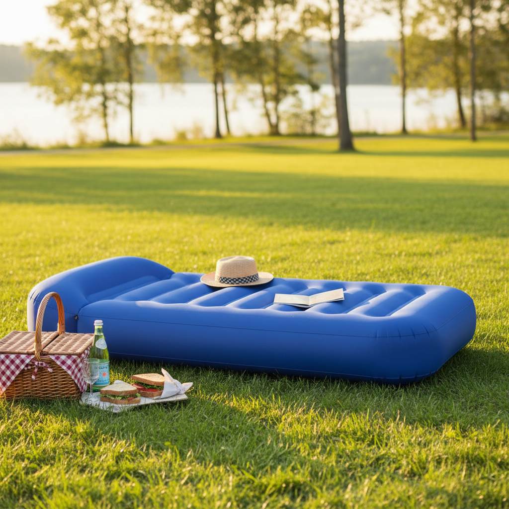 푸른 잔디밭 위에서 햇살을 받으며 펼쳐진 휴대용 에어매트와 그 옆에 놓인 피크닉 바구니. 야외 나들이나 공원 휴식의 여유로움을 강조한 밝고 화사한 톤의 풍경 이미지.
