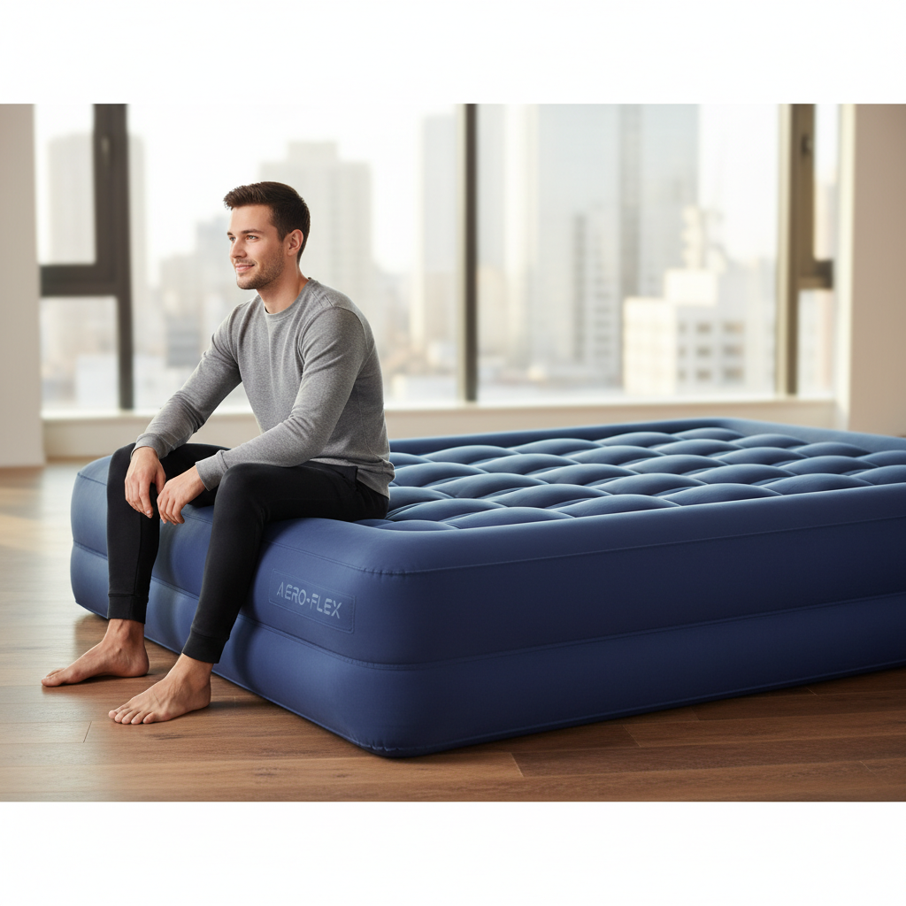 사용자가 에어매트 가장자리에 앉아 있는 모습을 통해 제품의 지지력과 복원력을 보여주는 라이프스타일 사진. 매트가 푹 꺼지지 않고 형태를 유지하는 안정적인 모습을 강조함.