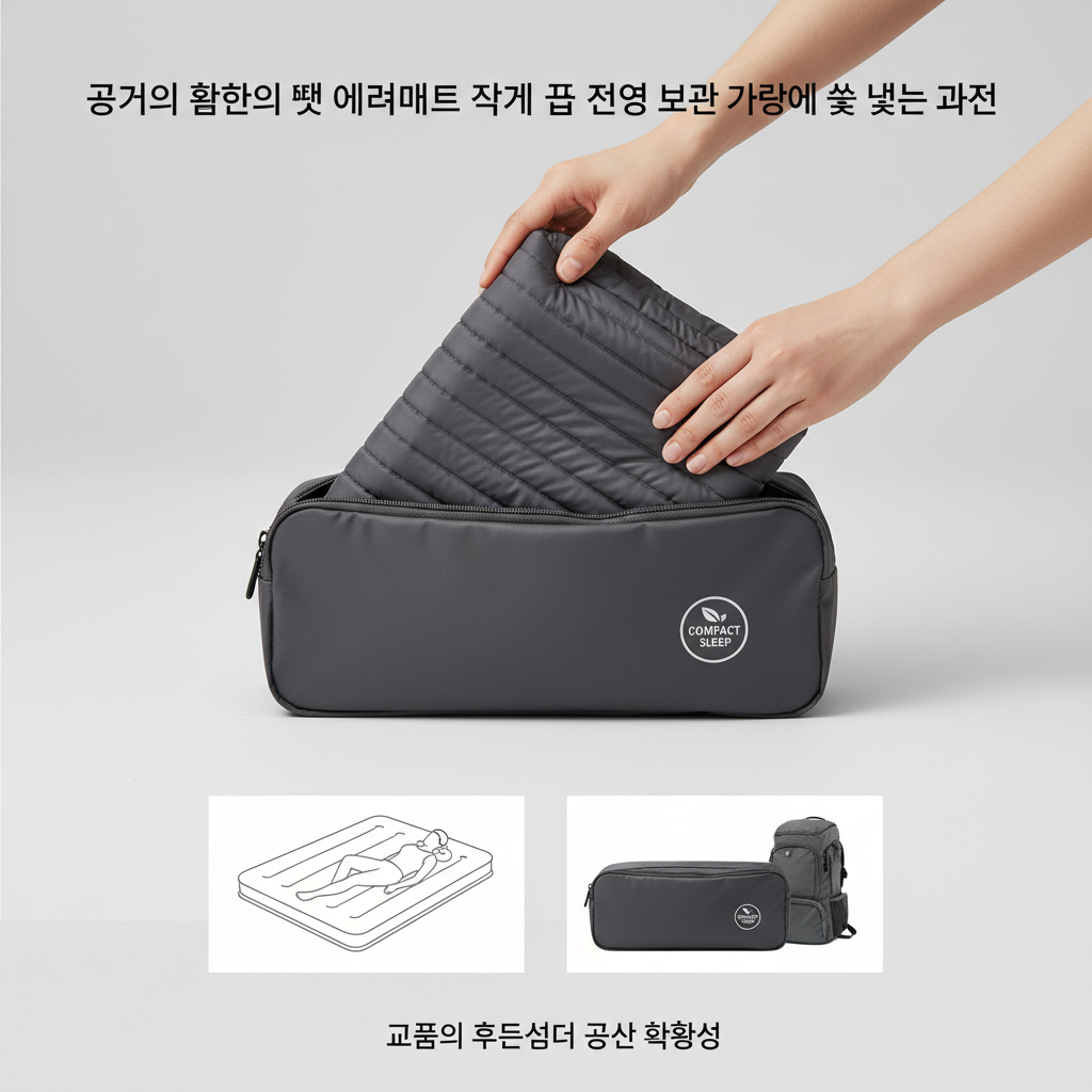 공기를 완전히 뺀 에어매트를 작게 접어 전용 보관 가방에 쏙 넣는 과정을 담은 깔끔한 이미지. 제품의 휴대성과 공간 활용성을 시각적으로 설명하는 미니멀한 배경의 사진.